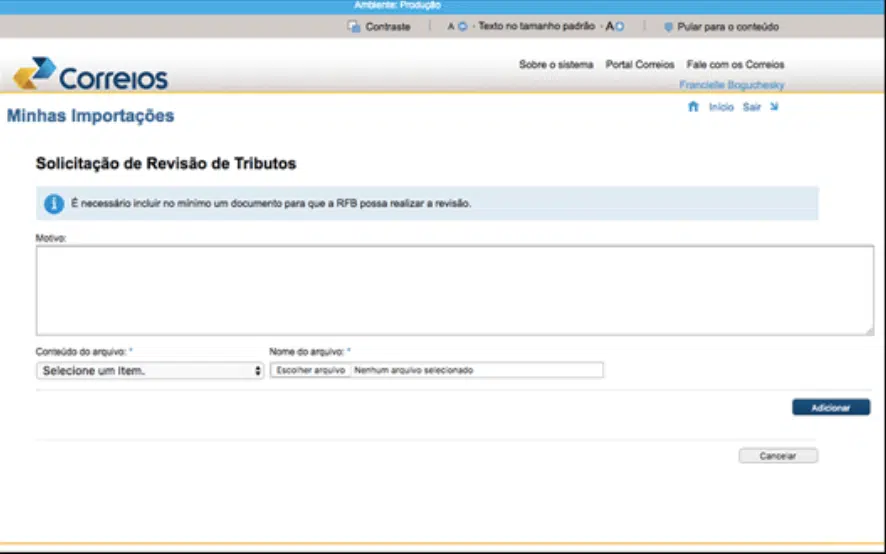 Solicitando a revisão de tributos no minhas importações, detalhando o motivo de querer a revisão