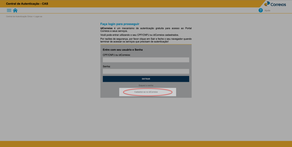 fazendo login no sistema do idcorreios