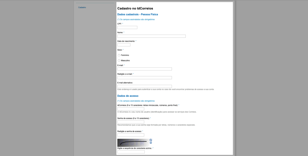 cadastrando dados pessoais no idcorreios