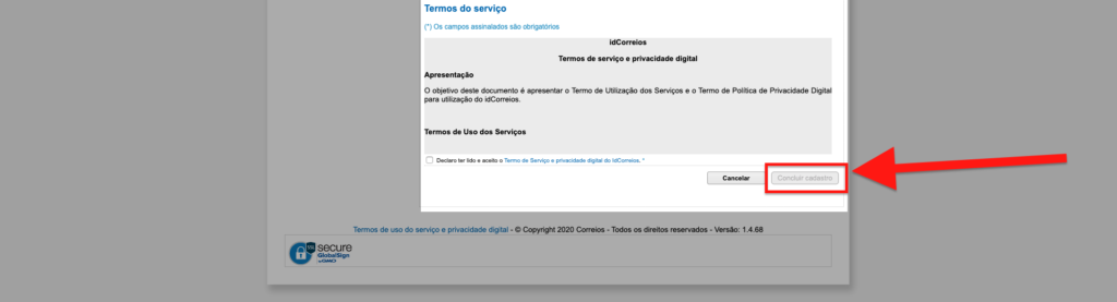 Aceitando termos de uso do idcorreios