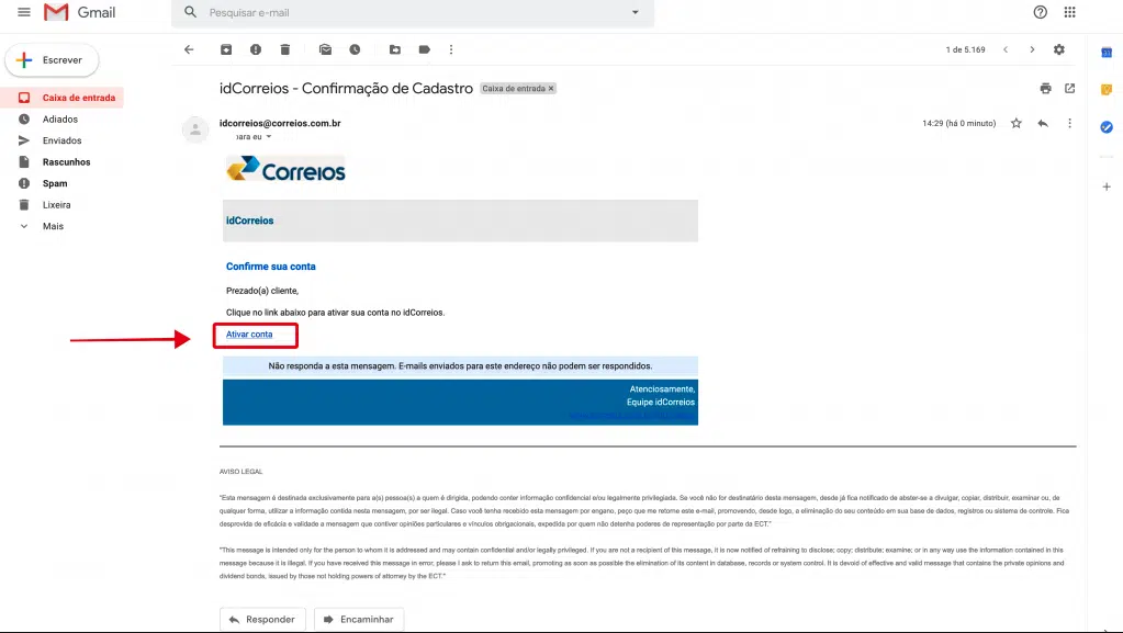 Fazendo a confirmação da conta do idcorreios