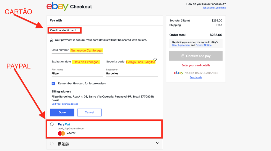 informações de pagamento Ebay