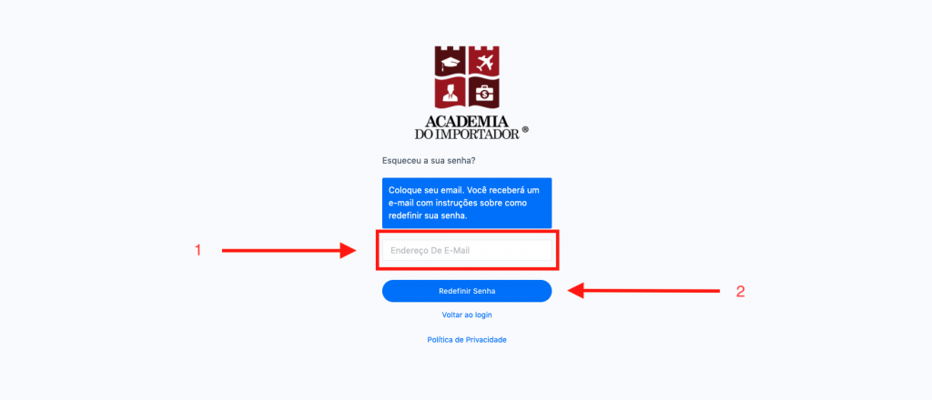 Redefinir senha do login da academia do importador