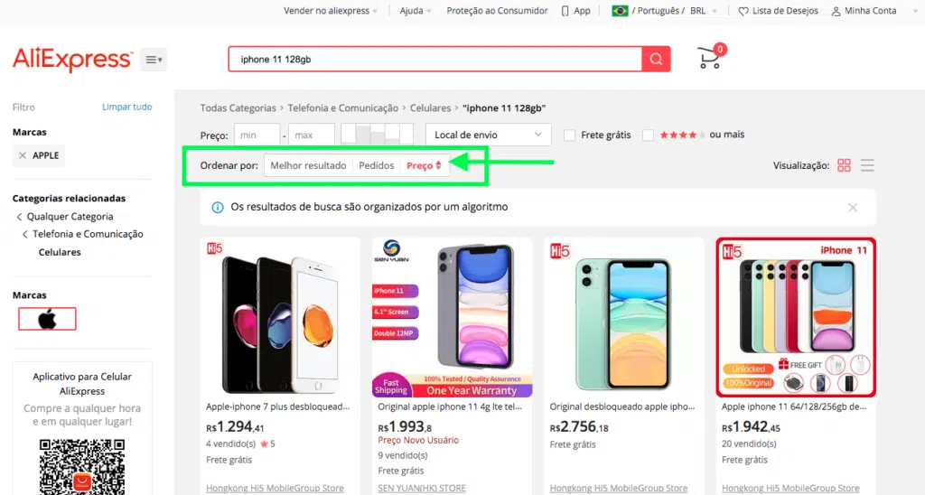 iPhone da China - ordenar por menor preço no site