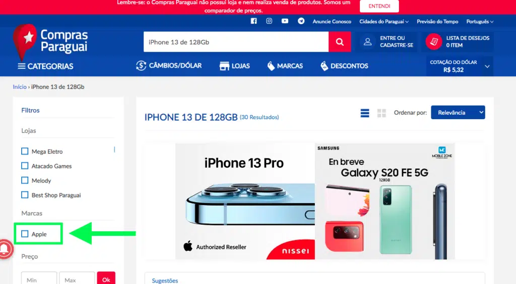 Buscar iPhone no Paraguai pelo site e filtrar a marca Apple