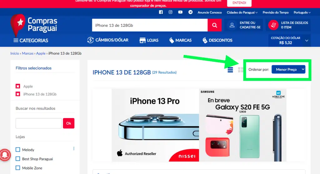 iPhone no Paraguai - buscar no site e filtrar a opção "menor preço"