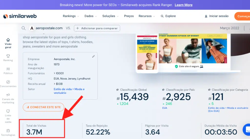 importar dos EUA - pesquisa de sites no site SimilarWeb