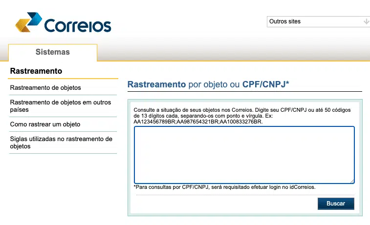 Rastreio dos Correios, area do site para rastrear encomendas.