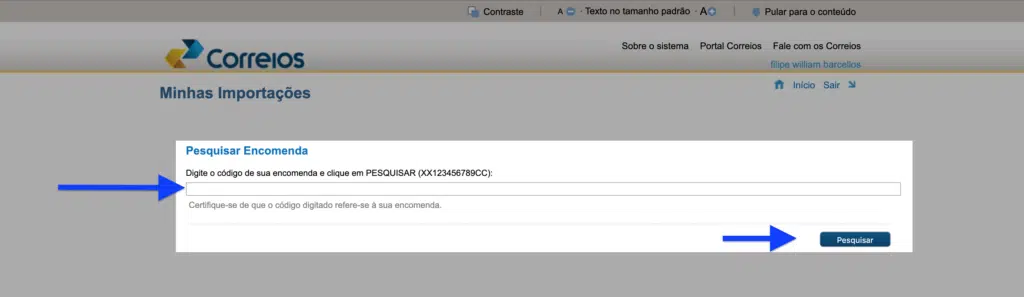 pesquisando encomenda no site dos Correios no menu Minhas importações