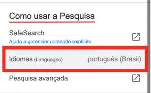 Selecione IDIOMAS na sessão COMO USAR A PESQUISA.