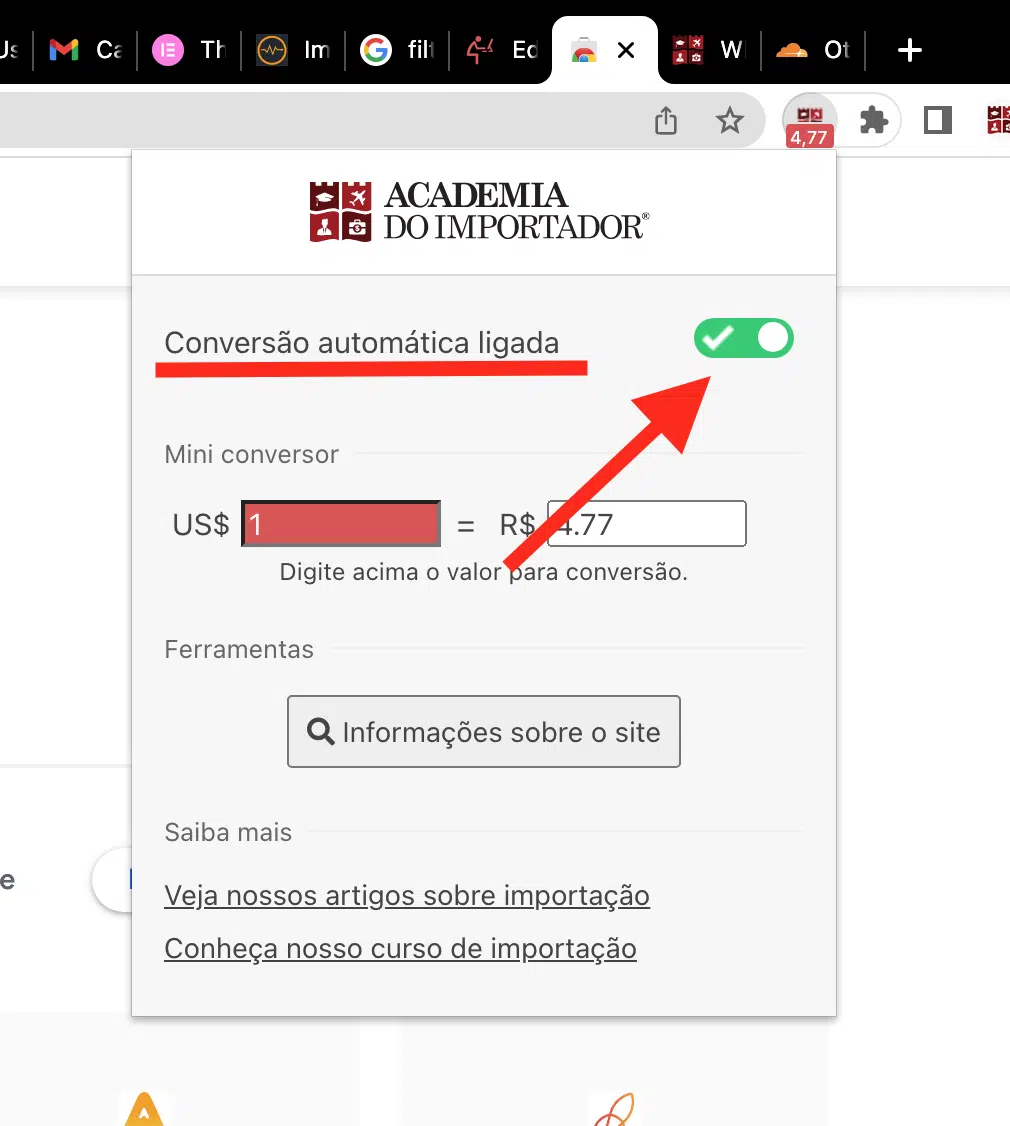 modos automatico e manual da extensão de conversão de dólar da Academia do Importador